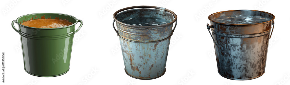 Collection of various iron buckets isolated on transparent background Collection of various iron buckets isolated on transparent background