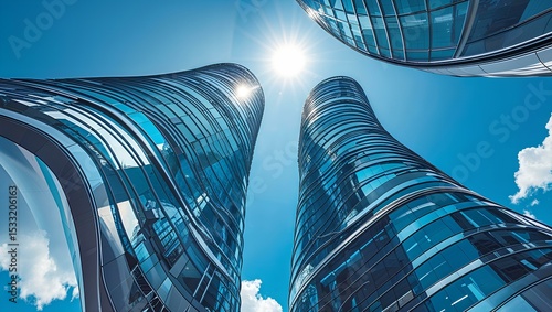 A futuristic view of two curved glass skyscrapers