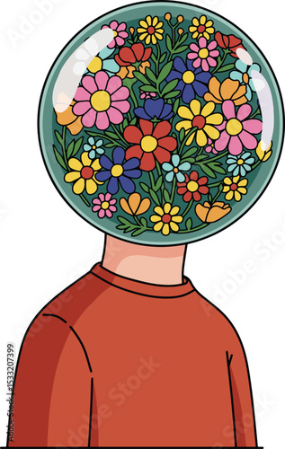 A Person with a Floral Head in a Bubble Illustration