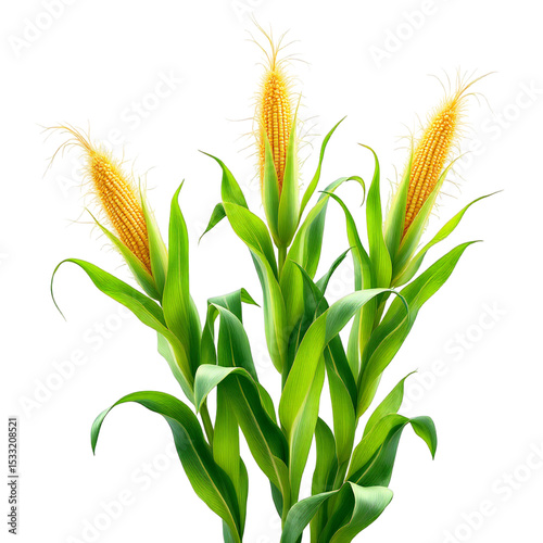 Three ears of corn with green leaves isolated against a black background in a close up view