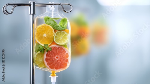 The infusion bag filled with grapefruit, lemon, lime, orange and fresh herbs symbolizes vitamin therapy and a healthy lifestyle. Bright medical background.