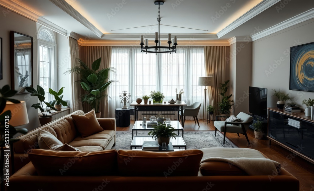 Fototapeta premium A tastefully decorated living room a haven of comfort and style awaits you A plush velvet sofa potted plants sleek design furniture and elegant accessories create a welcoming ambiance A copy s