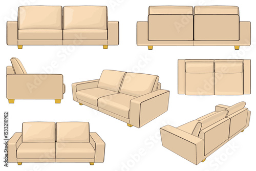 Two seater brown sofa. Vector images are produced from the auto tracing process. View from Perspective, front, top, side, back	
