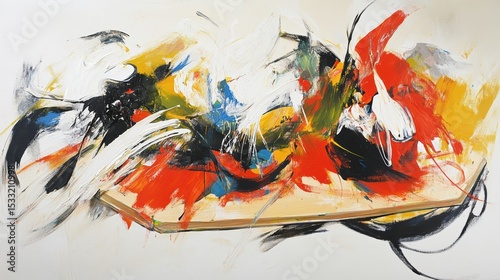 Dynamic abstract painting featuring bold red, yellow, black, and white brushstrokes on canvas art.