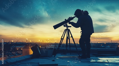 A lone astronomer on a rooftop uses telescope to gaze at the night sky over a distant city.