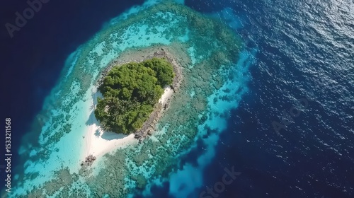 A serene aerial view captures a small tropical island with a white sand beach and turquoise waters.