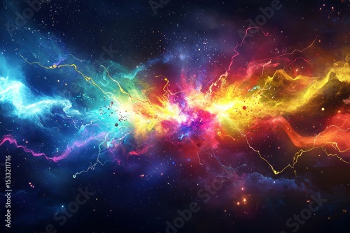 A vibrant abstract artwork evokes a sense of cosmic energy with dynamic splashes of color and light.