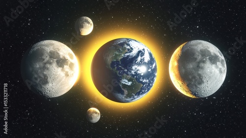A vibrant artistic rendering displays Earth and its moon against a backdrop full of shining stars