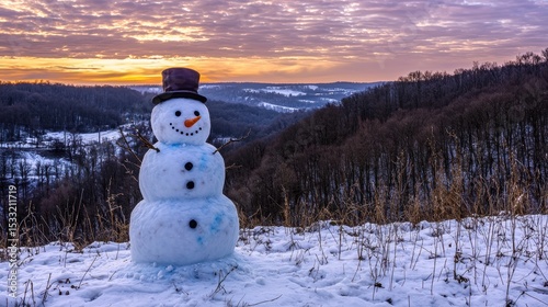 A smiling snowman stands on a snowy hilltop as the sun sets over the winter forest horizon.