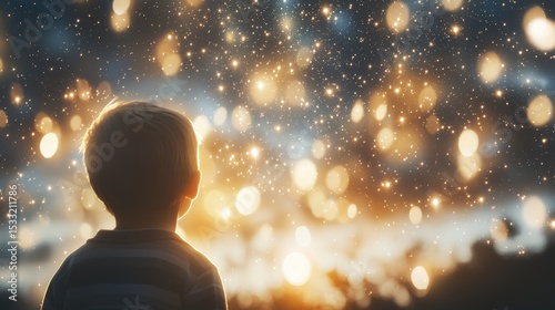 A young child gazes at a sky filled with countless sparkling lights in a dreamy atmosphere