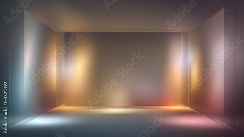 Abstract studio space features neutral color gradients and soft light, a serene empty room design.