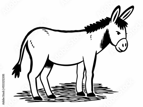 Simple Line Drawing of a Donkey Black and White Illustration