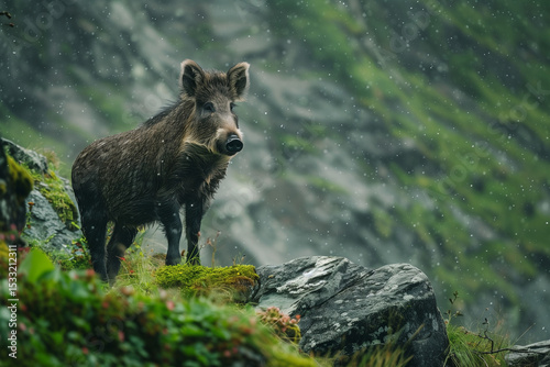 Wild Boar in Fjord winter landscape surrounded by snow-covered peaks, lake shoreline, and lush northern wilderness