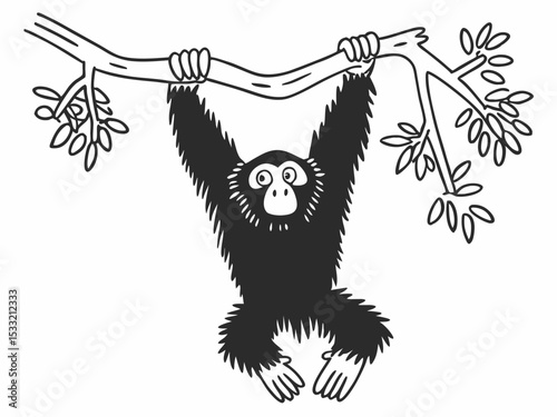 Silhouette of a Gibbon Hanging from a Tree Branch