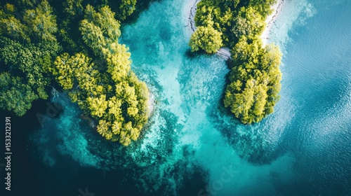 Aerial view showcases a serene tropical island with pristine waters and lush green vegetation.