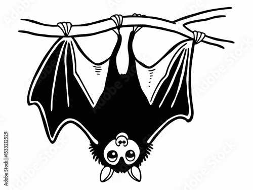 Adorable Cartoon Bat Hanging Upside Down from a Branch