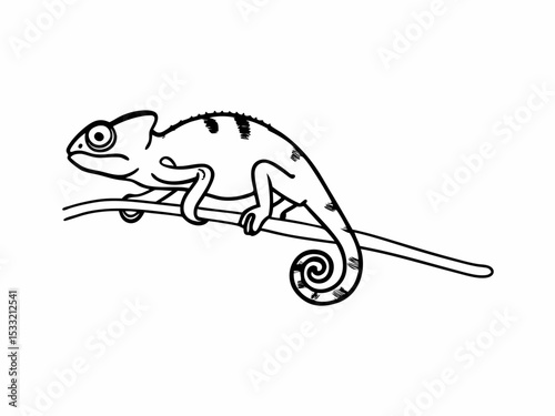 Chameleon Line Art Simple Drawing of a Reptile on a Branch