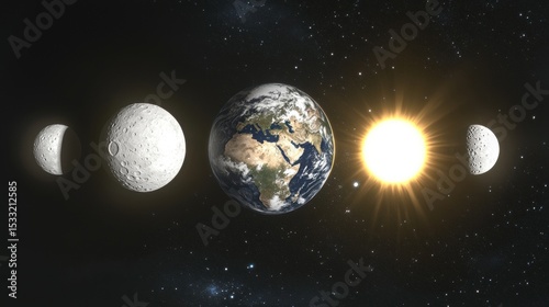 Artistic visualization of Earth, moon phases, and a radiant sun against a star filled backdrop