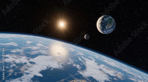 Cosmic rendering showcases Earth's curvature, the Moon, and a distant sun against a starry backdrop.