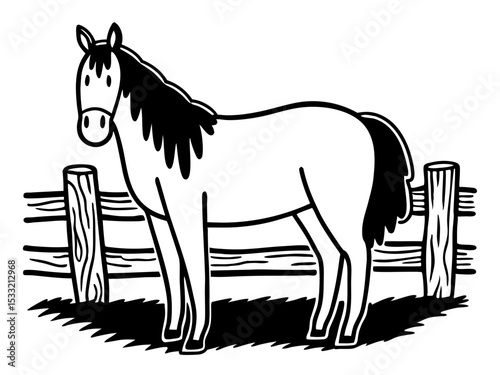 Black and White Illustration of a Horse in a Pasture