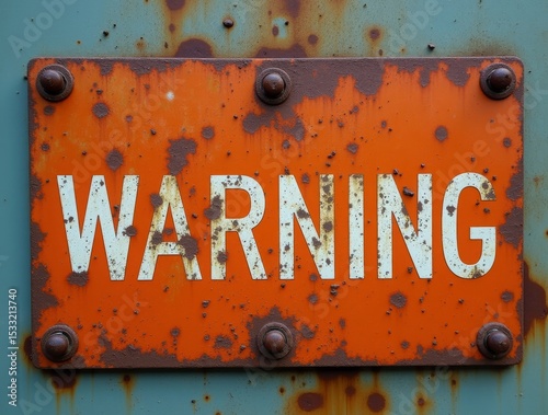 A close-up view of a weathered metal warning sign with rusted edges, scratched surface, and faded colors