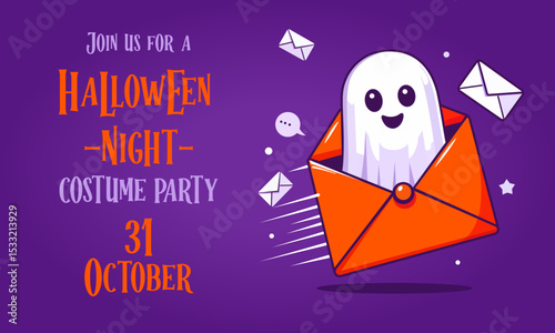 Happy Halloween party greeting card. Halloween banner. Halloween Promotion Poster. Halloween background with ghost. Ghost envelope character. Halloween design vector illustration. Poster with ghost