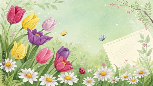 Spring garden flowers frame, colorful tulips and daisies.