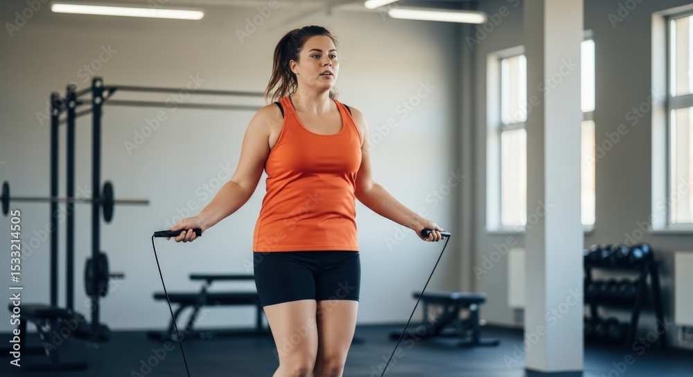 Fototapeta premium A plus-size woman focused on her jump rope workout inside a bright gym setting.