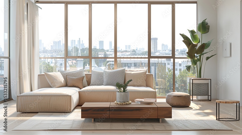 Obraz premium Elegant Scandinavian Style Living Room Interior with Modern Furniture and City View Through Large Window, Minimalist Home Decor Concept in Neutral Tones, Cozy Lounge Space for Interior Design Project