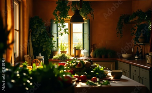 A Mediterranean kitchen bathed in sunshine a vibrant tapestry of fresh herbs and verdant plants where a breakfast feast awaited promising flavors and aromas that tantalize the senses