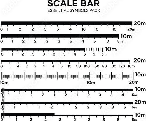 Set of line and bar scales of map. Distance measurement chart templates for navigation, travel. Cartography graphic elements isolated on white background 