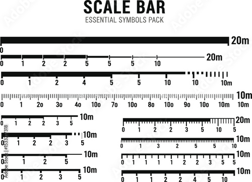 Set of line and bar scales of map. Distance measurement chart templates for navigation, travel. Cartography graphic elements isolated on white background 