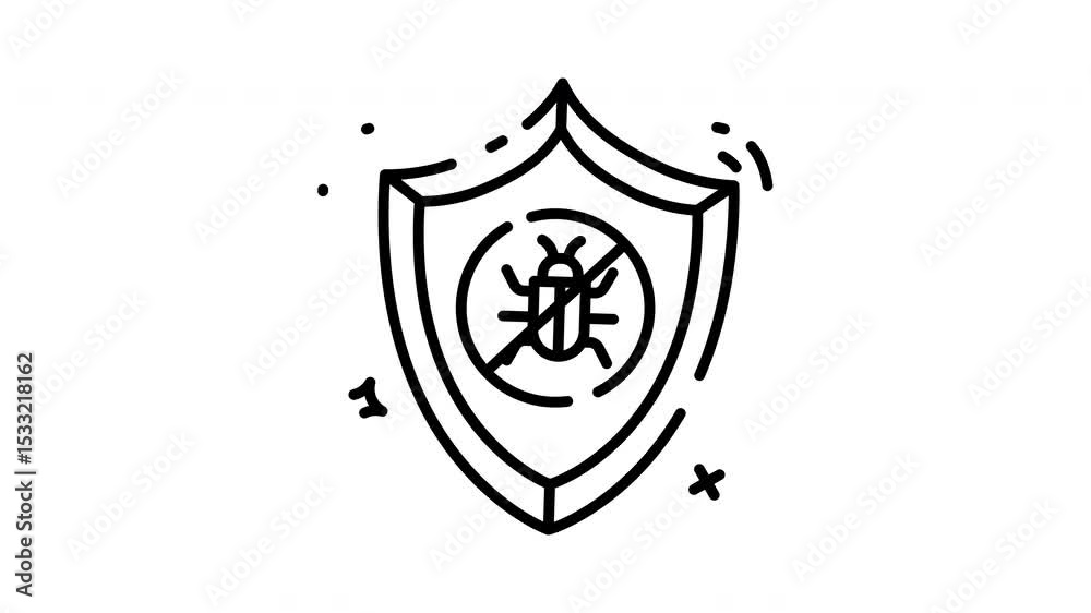 Looping animated antivirus shield with bug crossed out, ideal for secure software, antivirus apps, and digital protection visuals.