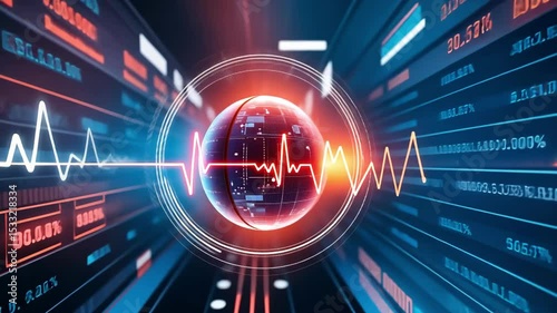 Digital technology concept, heartbeat line with glowing sphere and data screen.