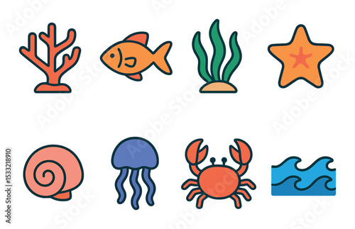 Marine life outline icons set – ocean, sea and aquatic themed symbols