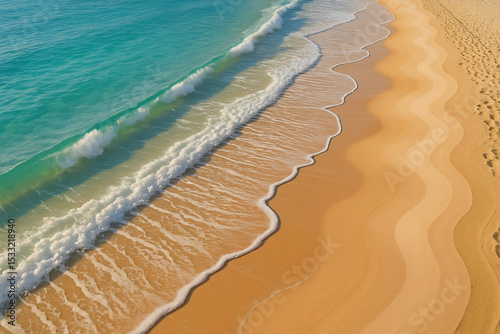 Aerial View of Turquoise Ocean Waves Meeting Golden Sandy Beach
