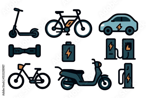 Electric vehicle and transport icons set – flat, mobility and eco-friendly symbols