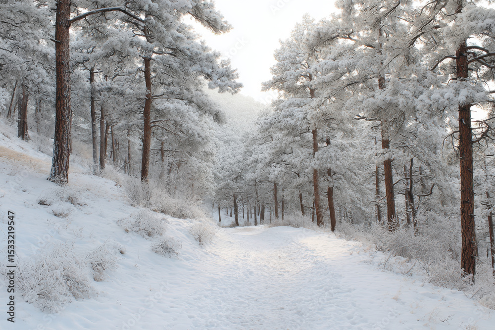 Obraz premium serene winter walk through snowcovered forest with tall pine trees draped in white snow