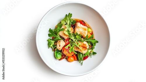 A healthy chicken and vegetable meal served on a white plate