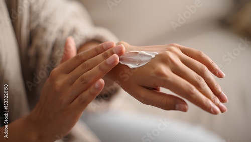 hands gently applying thick white moisturizer cream on dry skin