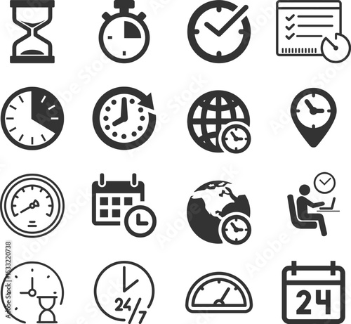 Time and Clock set of web icons in line style. Time management. Timer, Speed, Date, Countdown, Alarm, Recovery, Time, clock, watch, calendar simple icons for web and mobile app. Vector illustration