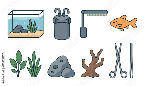 Aquarium essentials icons set – outline, marine and fish care symbols