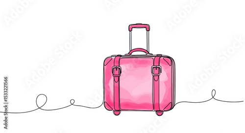 Pink Suitcase – one line doodle drawing with watercolor fill, minimalistic vector illustration on white background