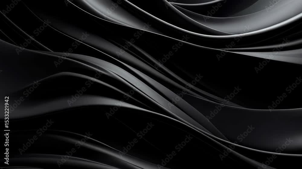 Elegant abstract black fabric folds background with flowing, fluid smooth shapes and soft shadow lines, dark sleek surface texture