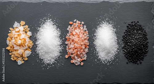 A stunning top-down view showcases five distinct piles of gourmet salts, including yellow, white, pink, and black varieties, against a dark slate background, highlighting their culinary diversity and 