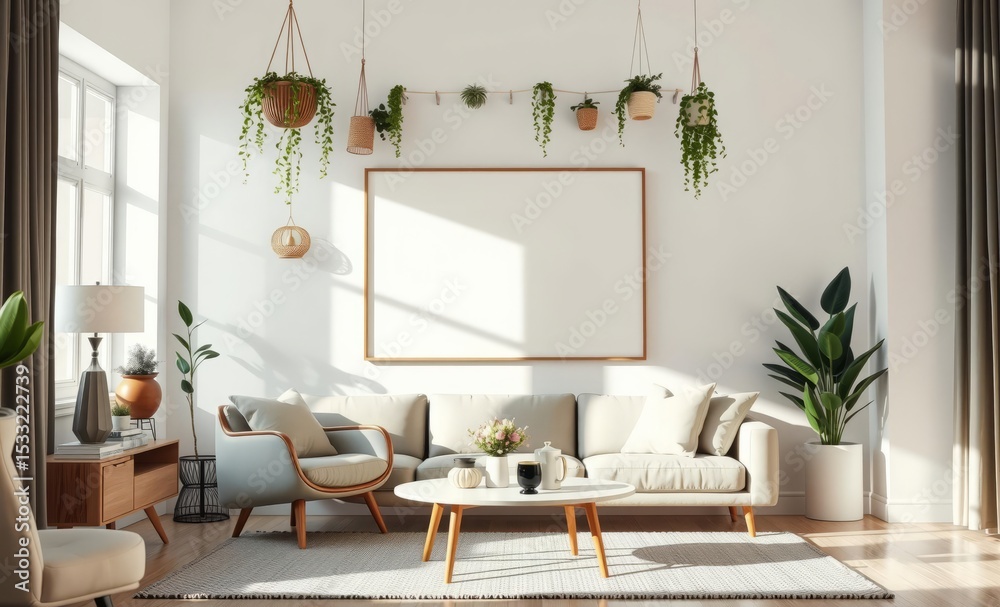 Obraz premium A minimalist mock-up poster frame adorned by retro furniture hanging plants and elegant accessories creates a stylish and inviting interior living room The white walls and home decor add a touch 