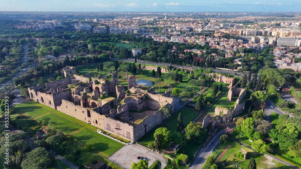 Fototapeta premium Archaeological Park At Rome In Lazio Italy. Cultural Heritage. Beautiful Cityscape. Archaeological Park At Rome In Lazio Italy. Medieval Landscape. Archaeological Excavation. Italy Skyline.