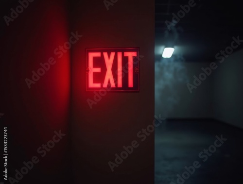 A zoomed-in perspective of a fire exit sign glowing in the dark, mounted near a smoke-covered surface