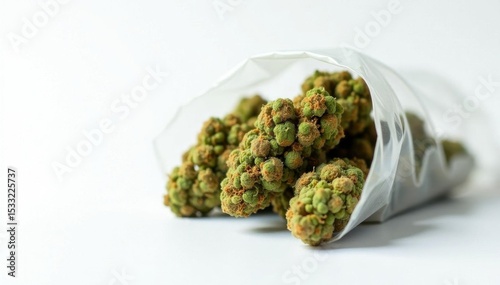 Green cannabis buds in clear plastic bag, white backdrop, fresh, detail, green