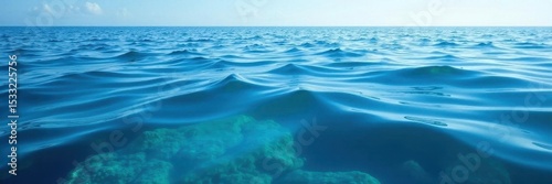 Deep blue ocean, glassy surface, gentle waves, color, horizon